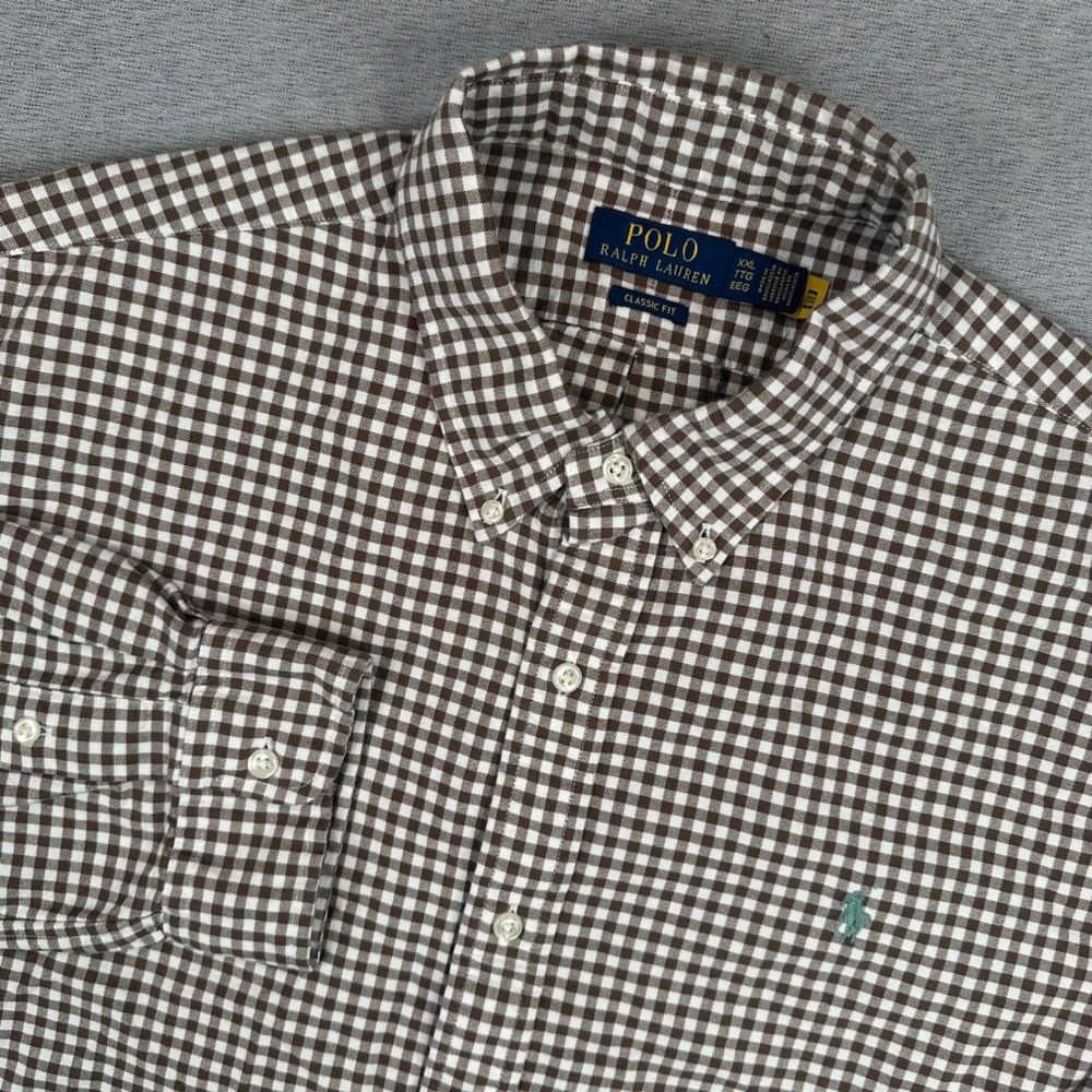 Polo Ralph Lauren Shirt Mens XXL Classic Fit Brown White Gingham Button Down